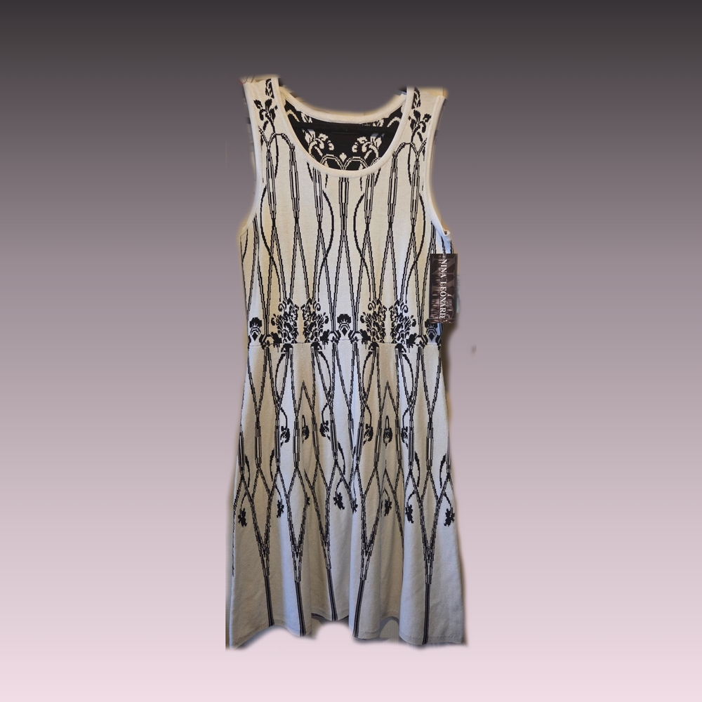Nina Leonard Cream and Black Patterned Midi Dress